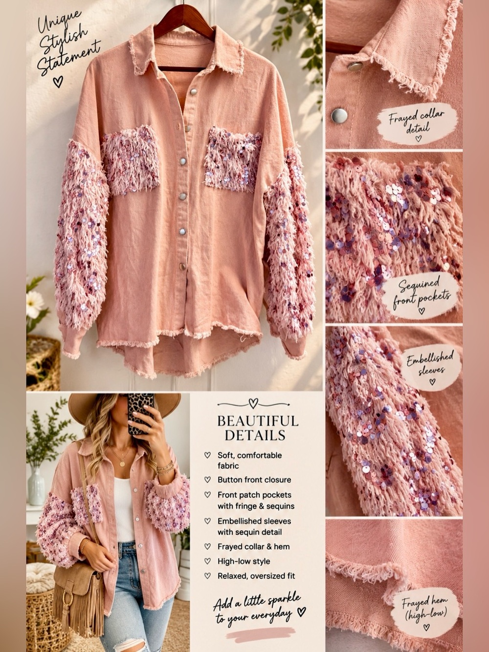 Frayed Sequin Patchwork Shirt Jacket - Pink